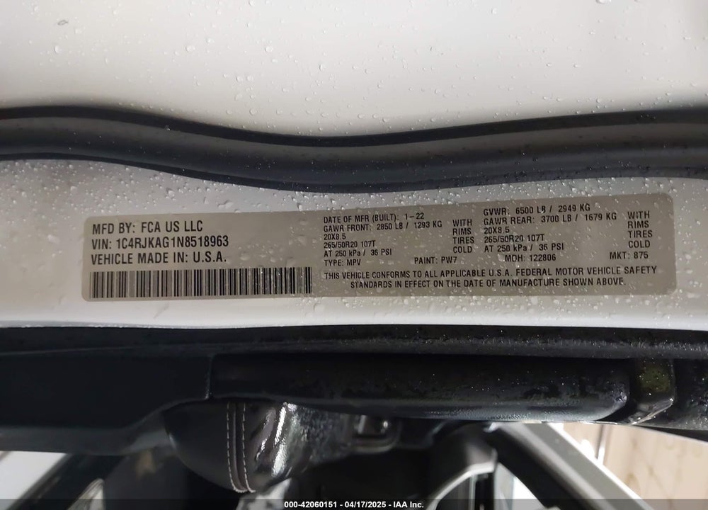2022 JEEP GRAND CHEROKEE L ALTITUDE 4X4 VIN: 1C4RJKAG1N8518963