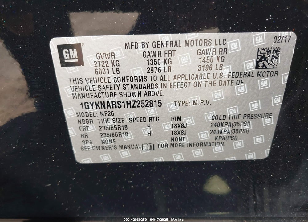 2017 CADILLAC XT5 STANDARD VIN: 1GYKNARS1HZ252815