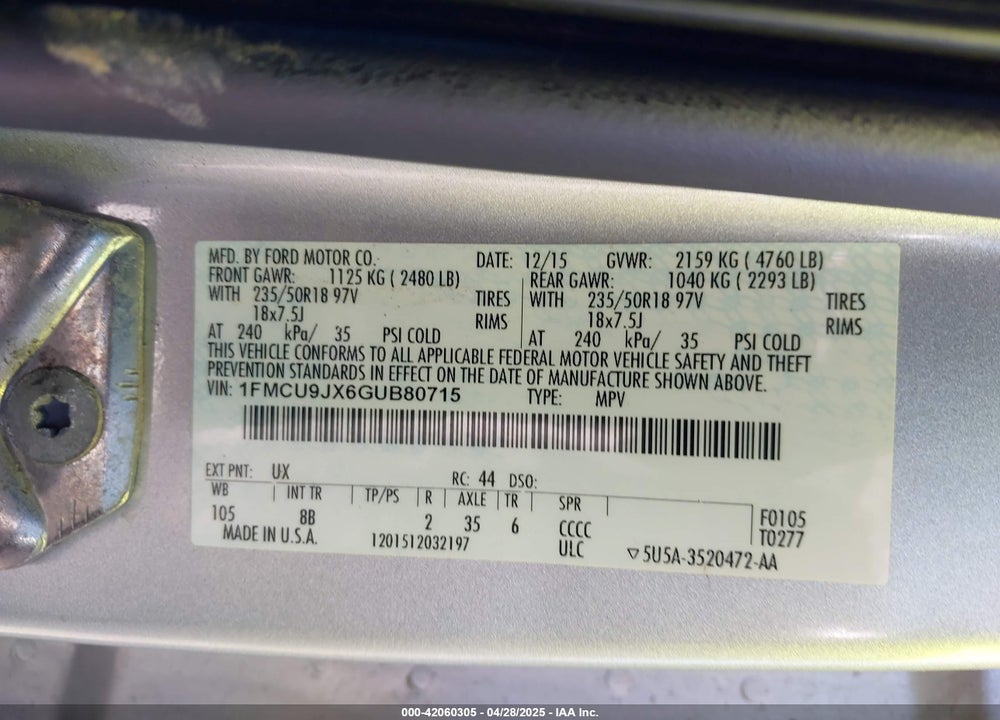2016 FORD ESCAPE VIN: 1FMCU9JX6GUB80715