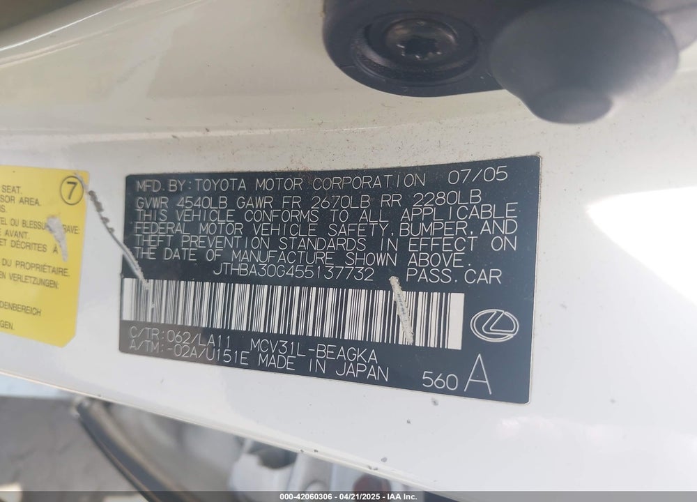 2005 LEXUS ES 330 VIN: JTHBA30G455137732