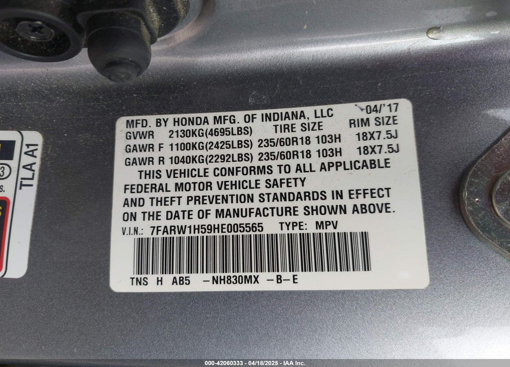 2017 HONDA CR-V VIN: 7FARW1H59HE005565