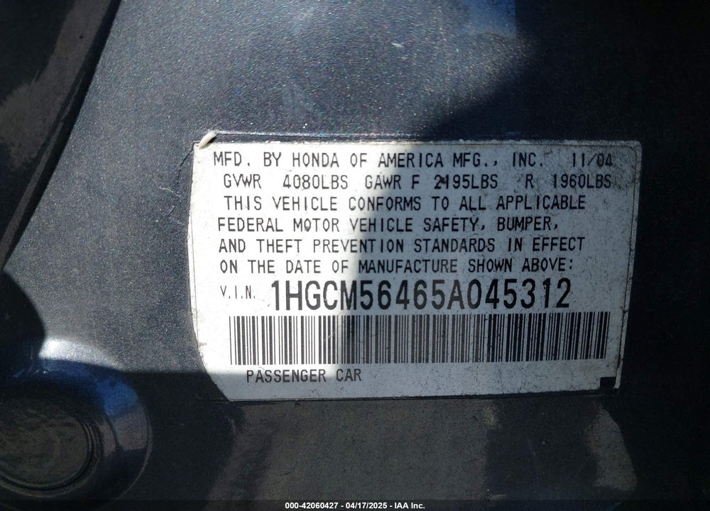 2005 HONDA ACCORD 2.4 LX VIN: 1HGCM56465A045312
