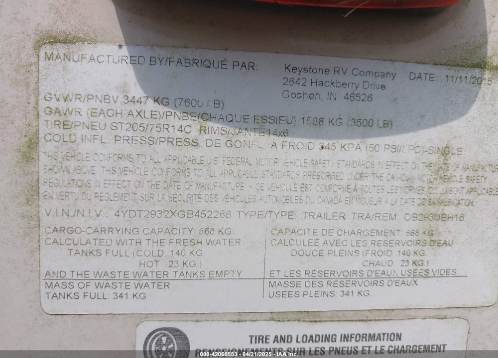 2016 KEYSTONE OUTBACK 293UBH VIN: 4YDT2932XGB452266