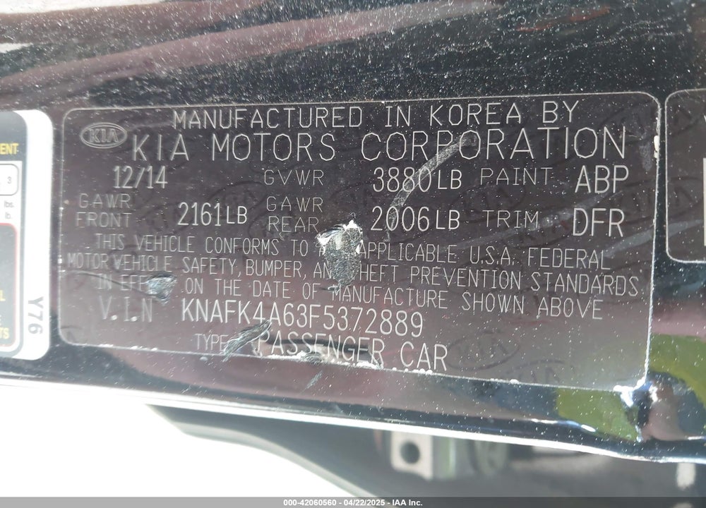 2015 KIA FORTE VIN: KNAFK4A63F5372889