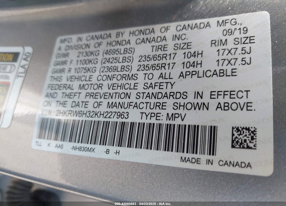2019 HONDA CR-V VIN: 2HKRW6H32KH227963