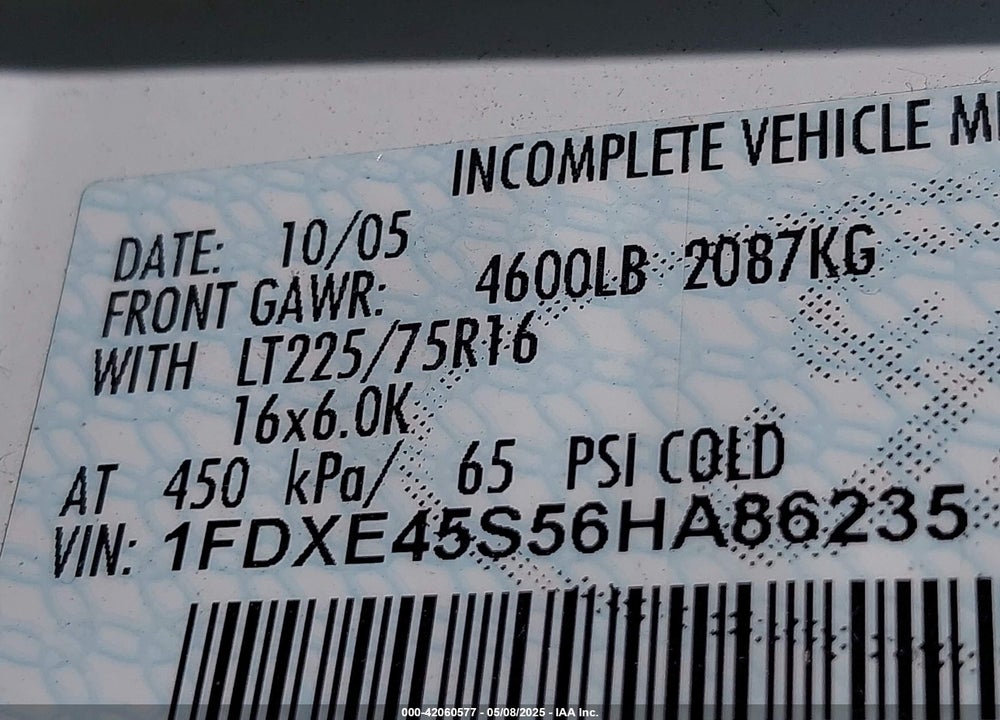 2006 FORD E-450 CUTAWAY VIN: 1FDXE45S56HA86235