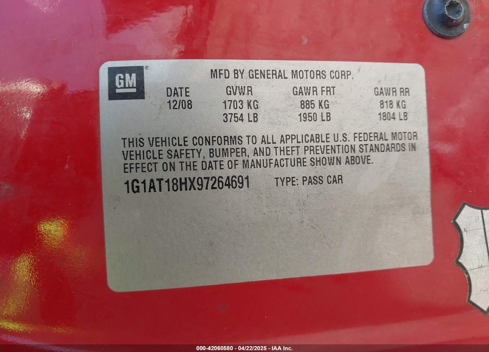 2009 CHEVROLET COBALT LT VIN: 1G1AT18HX97264691