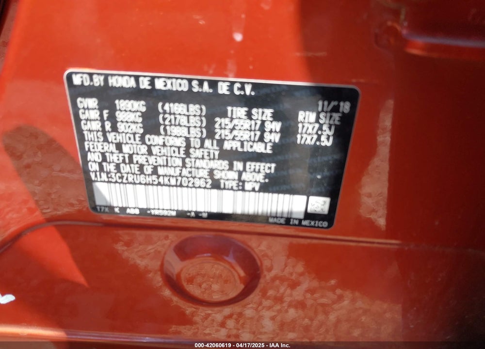 2019 HONDA HR-V EX VIN: 3CZRU6H54KM702962