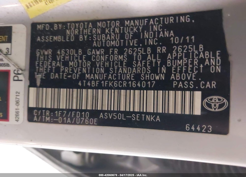 2012 TOYOTA CAMRY VIN: 4T4BF1FK6CR164017