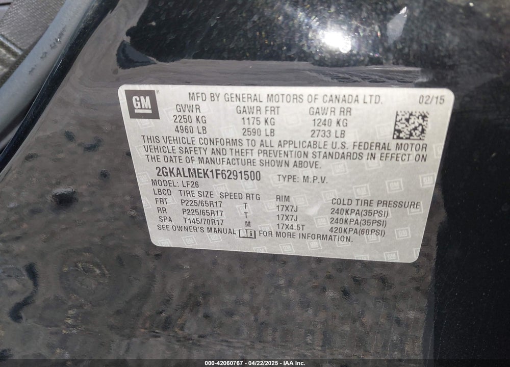 2015 GMC TERRAIN SLE-1 VIN: 2GKALMEK1F6291500