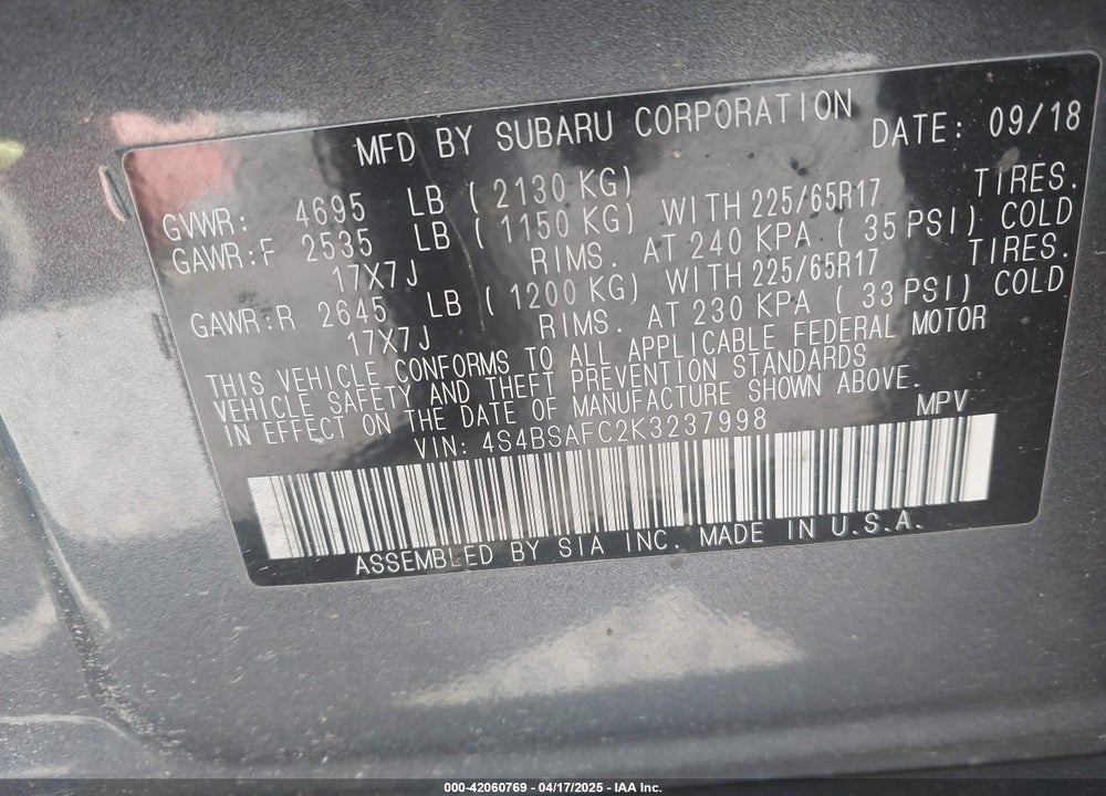 2019 SUBARU OUTBACK 2.5I PREMIUM VIN: 4S4BSAFC2K3237998
