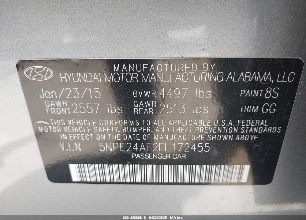 2015 HYUNDAI SONATA SE VIN: 5NPE24AF2FH172455