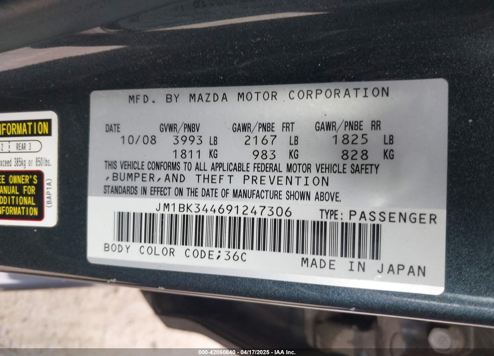 2009 MAZDA 3 VIN: JM1BK344691247306