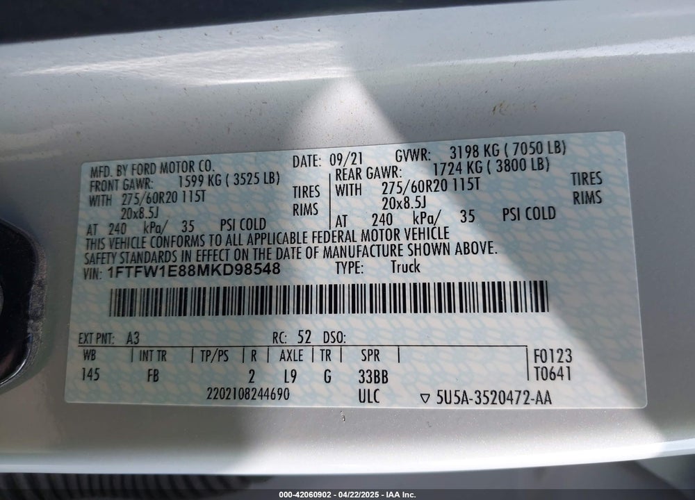 2021 FORD F-150 VIN: 1FTFW1E88MKD98548