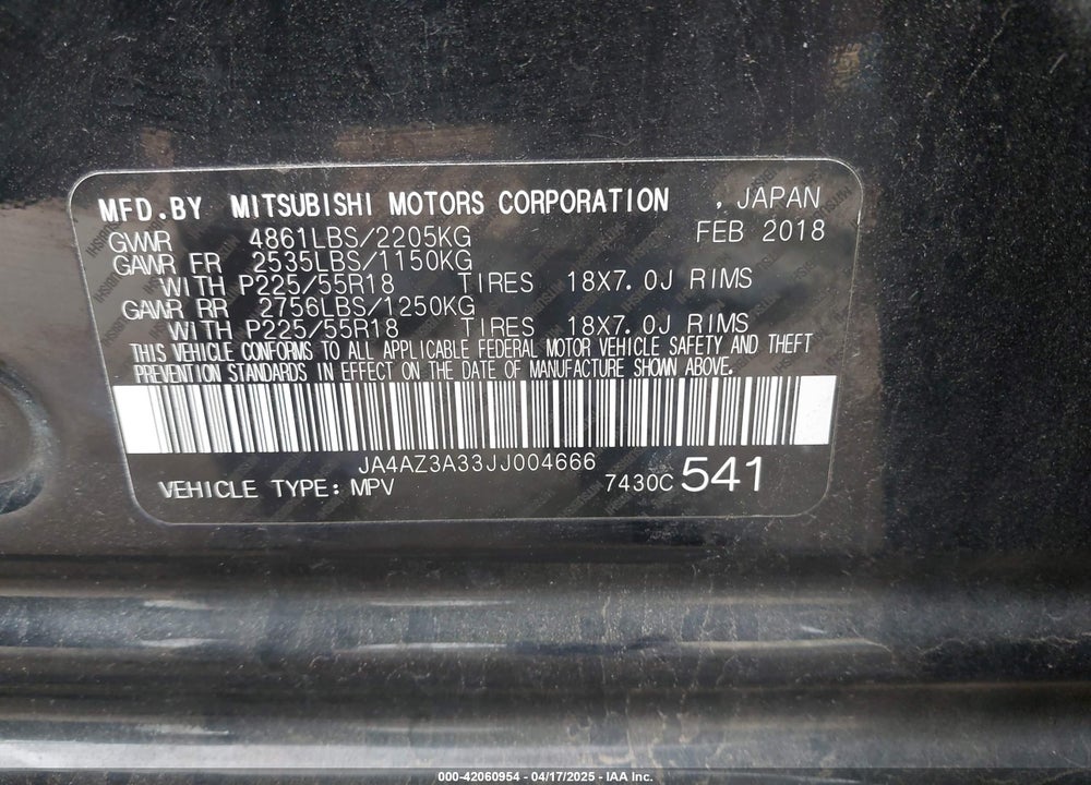 2018 MITSUBISHI OUTLANDER SEL VIN: JA4AZ3A33JJ004666