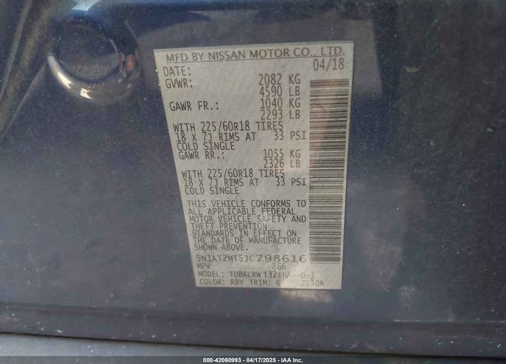 2018 NISSAN ROGUE VIN: 5N1AT2MT5JC798616