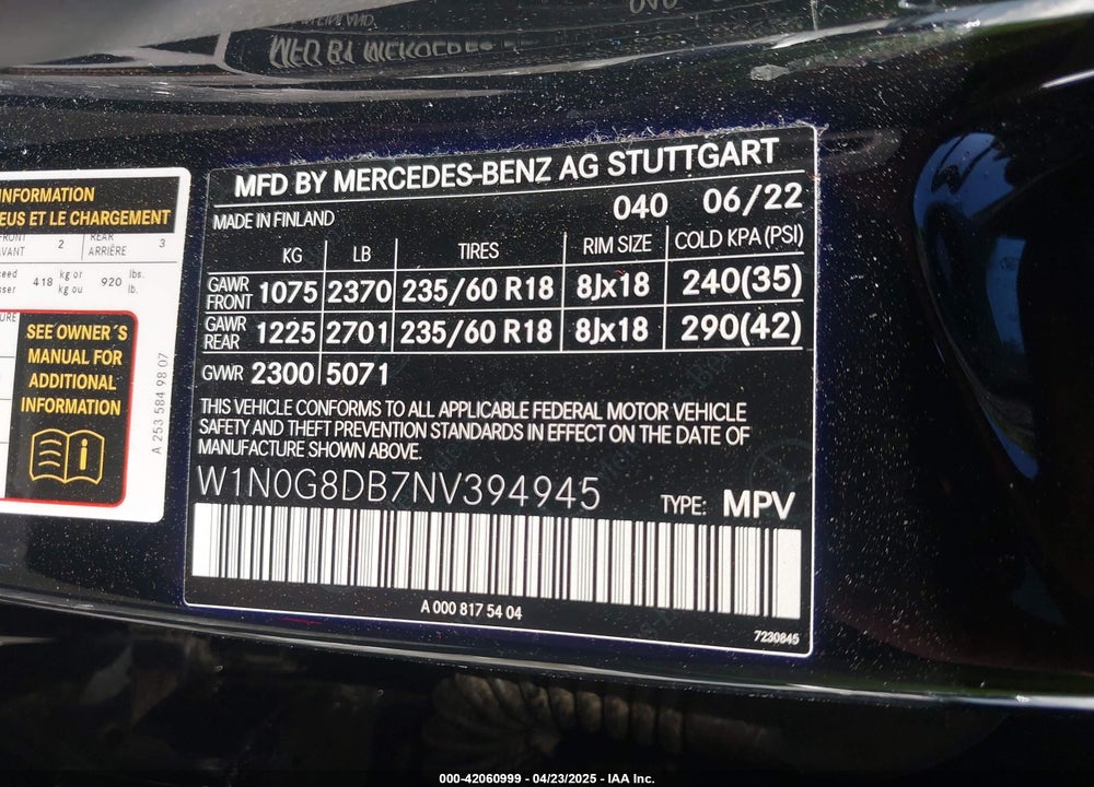 2022 MERCEDES-BENZ GLC 300 VIN: W1N0G8DB7NV394945