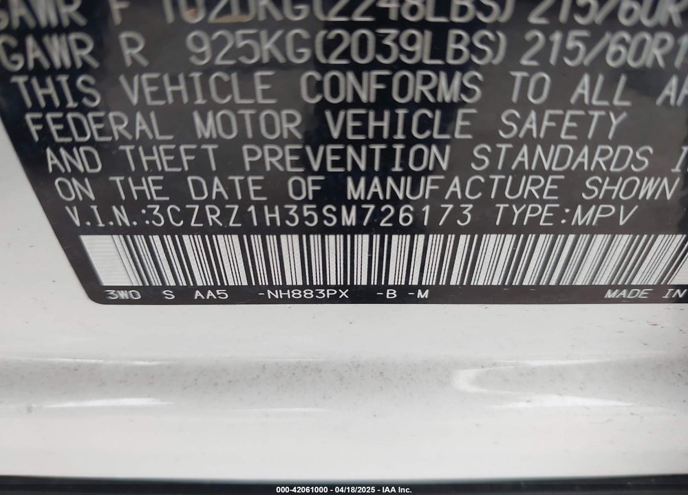 2025 HONDA HR-V 2WD LX VIN: 3CZRZ1H35SM726173
