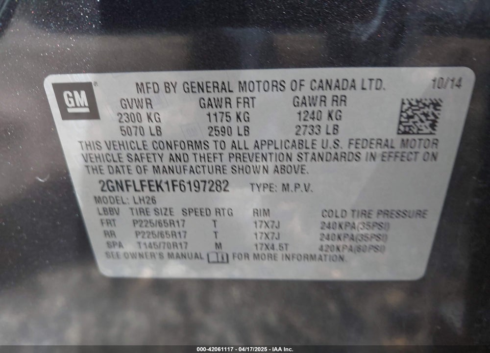 2015 CHEVROLET EQUINOX VIN: 2GNFLFEK1F6197282