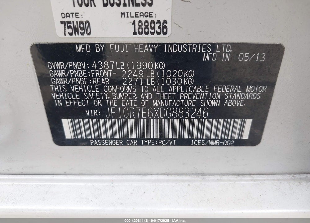 2013 SUBARU IMPREZA VIN: JF1GR7E6XDG883246