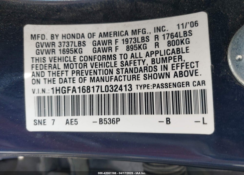 2007 HONDA CIVIC EX VIN: 1HGFA16817L032413