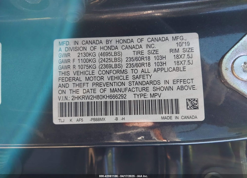 2019 HONDA CR-V EX-L VIN: 2HKRW2H80KH666292