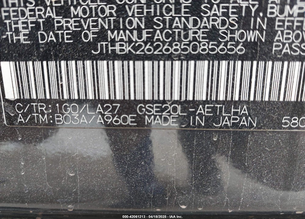 2008 LEXUS IS 250 VIN: JTHBK262685085656