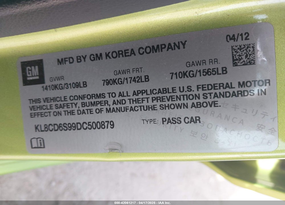 2013 CHEVROLET SPARK 1LT AUTO VIN: KL8CD6S99DC500879