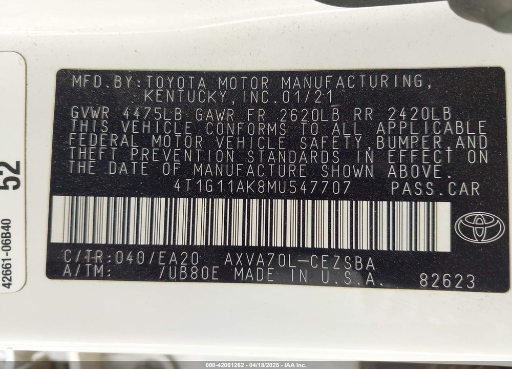 2021 TOYOTA CAMRY SE VIN: 4T1G11AK8MU547707