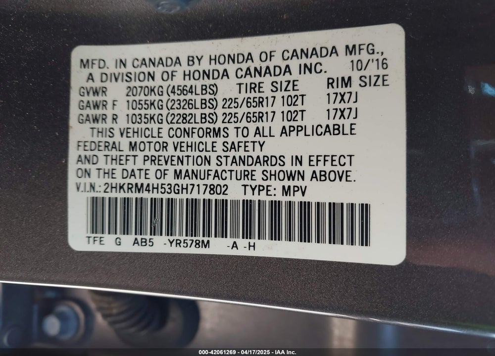 2016 HONDA CR-V VIN: 2HKRM4H53GH717802