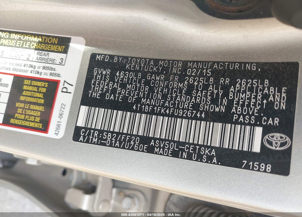 2015 TOYOTA CAMRY VIN: 4T1BF1FK4FU926744