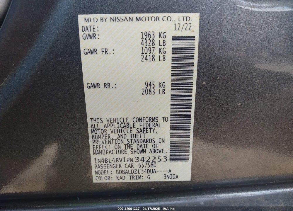 2023 NISSAN ALTIMA VIN: 1N4BL4BV1PN342253