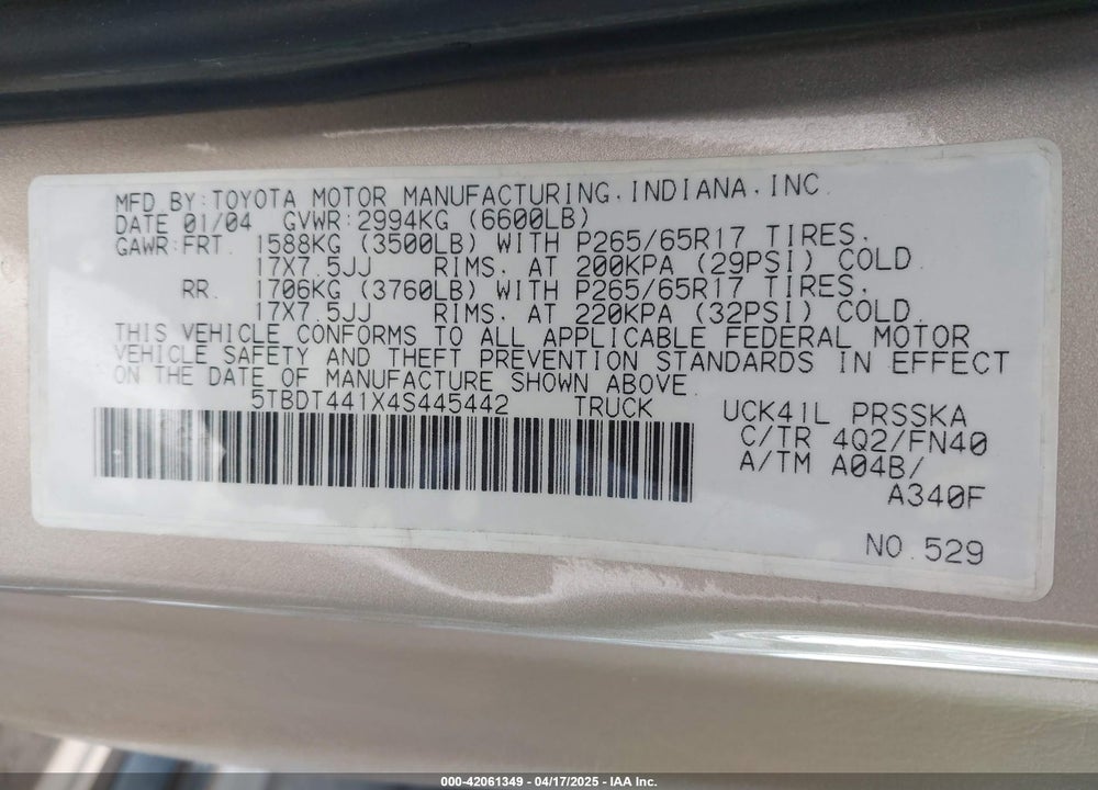 2004 TOYOTA TUNDRA SR5 V8 VIN: 5TBDT441X4S445442