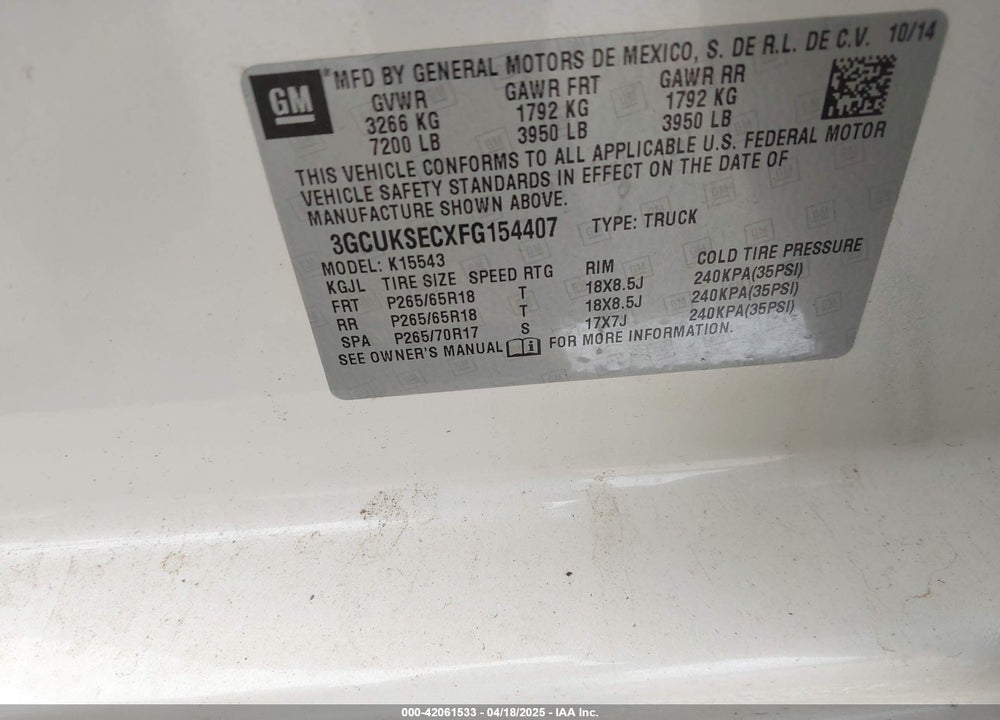 2015 CHEVROLET SILVERADO 1500 VIN: 3GCUKSECXFG154407