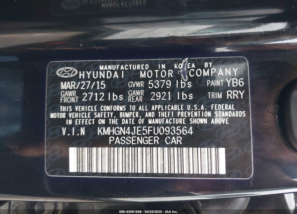 2015 HYUNDAI GENESIS 3.8 VIN: KMHGN4JE5FU093564
