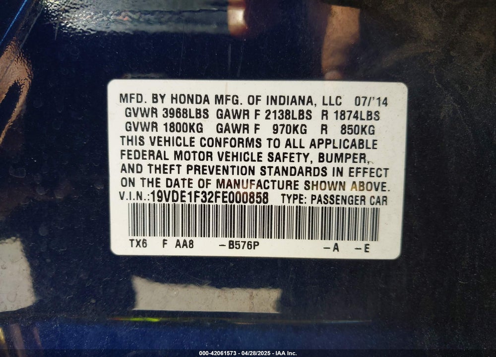 2015 ACURA ILX VIN: 19VDE1F32FE000858
