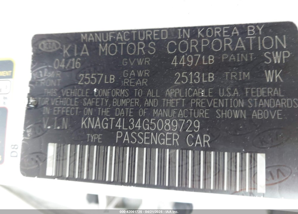 2016 KIA OPTIMA LX VIN: KNAGT4L34G5089729