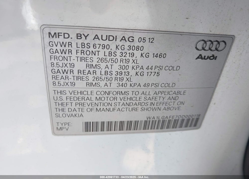 2013 AUDI Q7 3.0T PREMIUM VIN: WA1LGAFE7DD000118