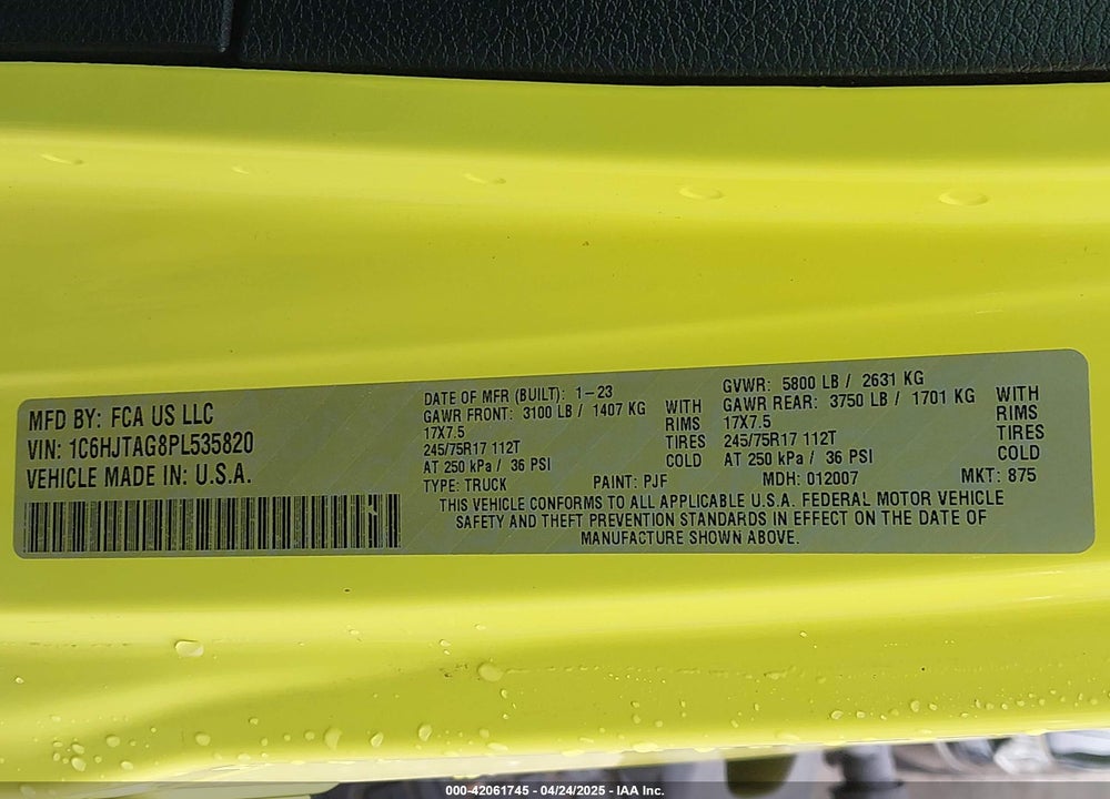 2023 JEEP GLADIATOR SPORT VIN: 1C6HJTAG8PL535820