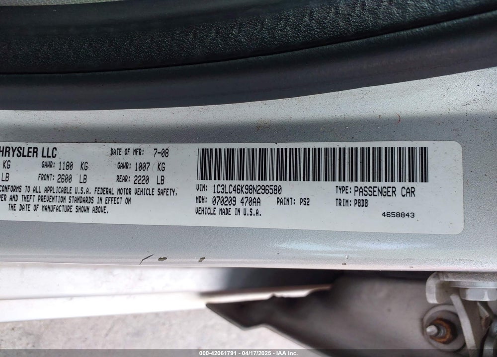 2008 CHRYSLER SEBRING VIN: 1C3LC46K98N296580
