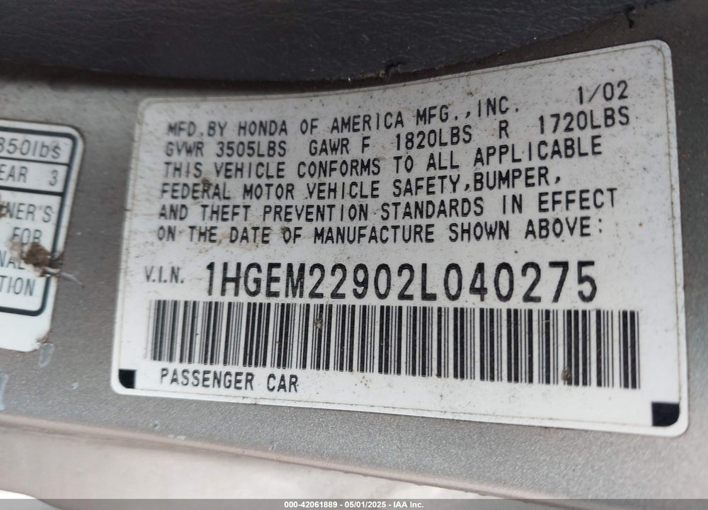 2002 HONDA CIVIC EX VIN: 1HGEM22902L040275