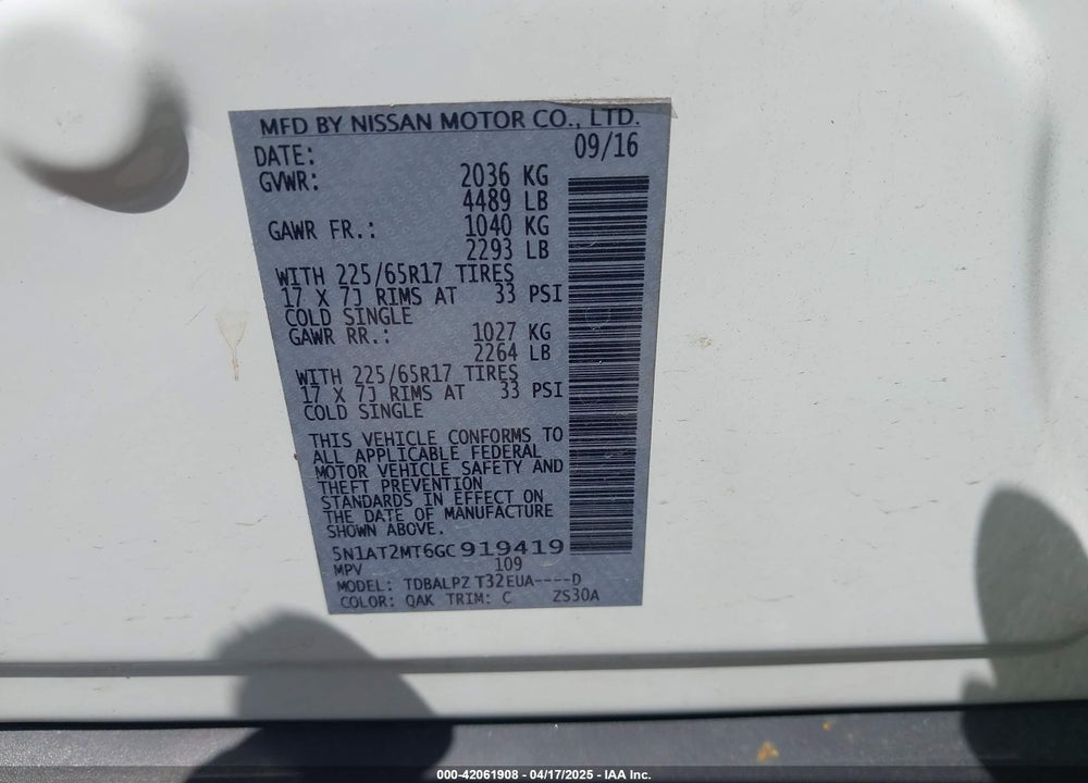 2016 NISSAN ROGUE VIN: 5N1AT2MT6GC919419