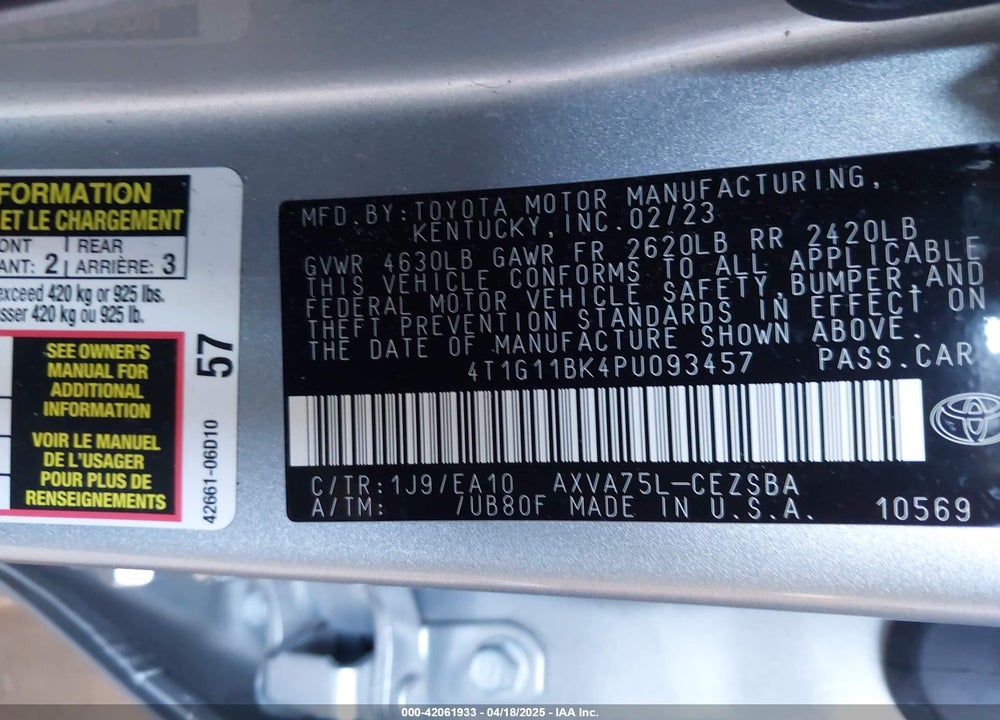 2023 TOYOTA CAMRY SE AWD VIN: 4T1G11BK4PU093457