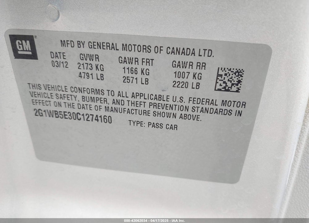 2012 CHEVROLET IMPALA LT VIN: 2G1WB5E30C1274160