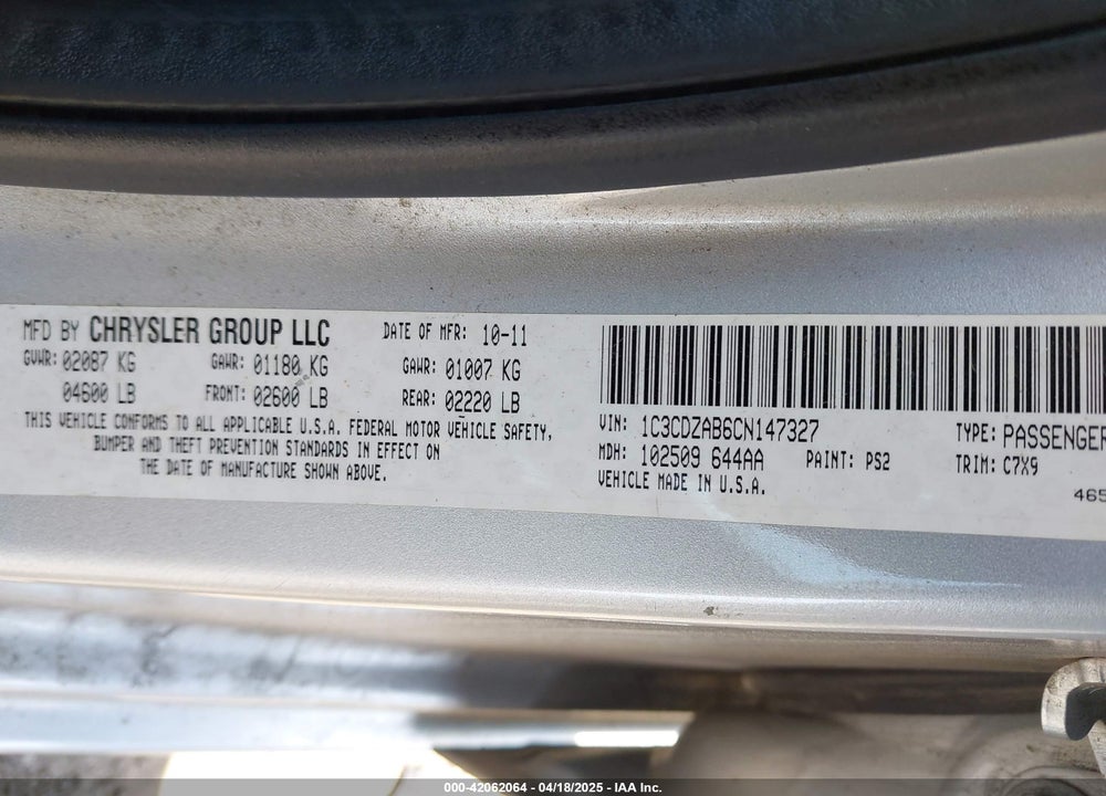 2012 DODGE AVENGER SE VIN: 1C3CDZAB6CN147327