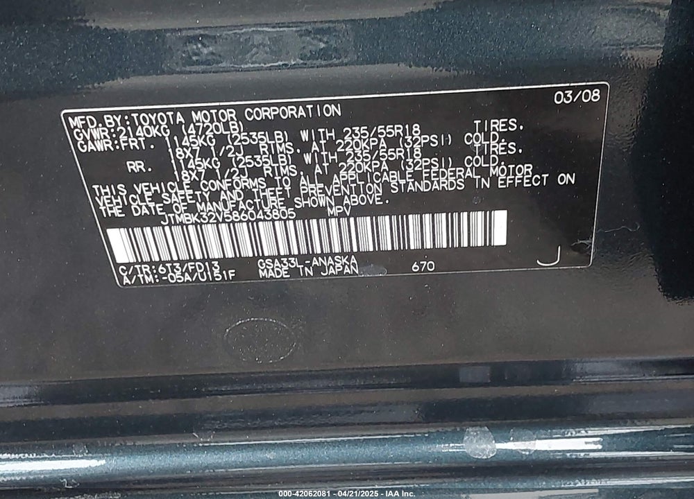 2008 TOYOTA RAV4 VIN: JTMBK32V586043805