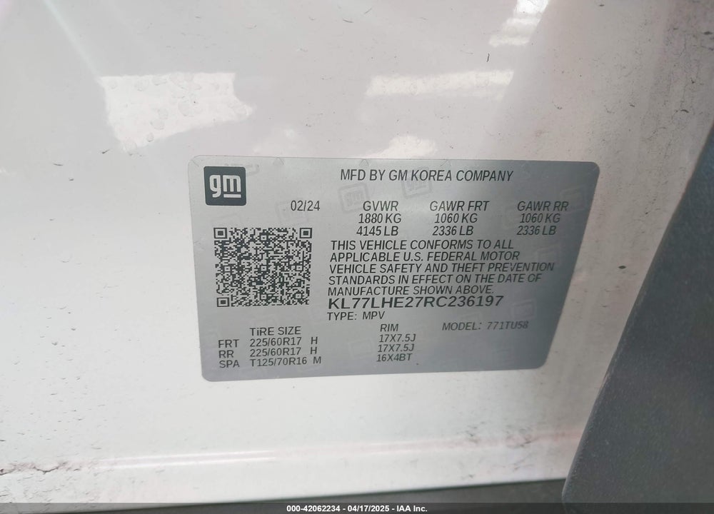 2024 CHEVROLET TRAX 1LT VIN: KL77LHE27RC236197