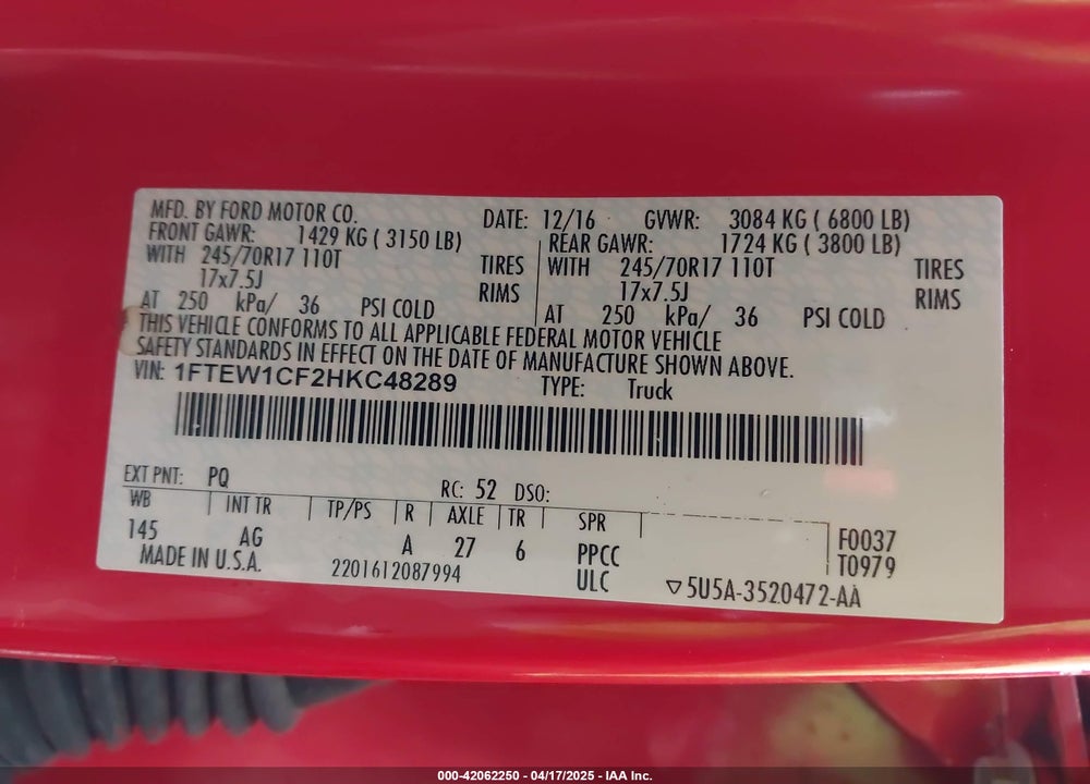 2017 FORD F-150 XL VIN: 1FTEW1CF2HKC48289