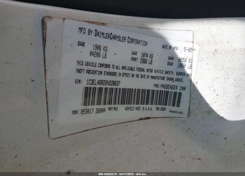 2002 CHRYSLER SEBRING VIN: 1C3EL46R22N339637