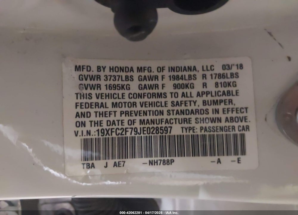 2018 HONDA CIVIC VIN: 19XFC2F79JE028597